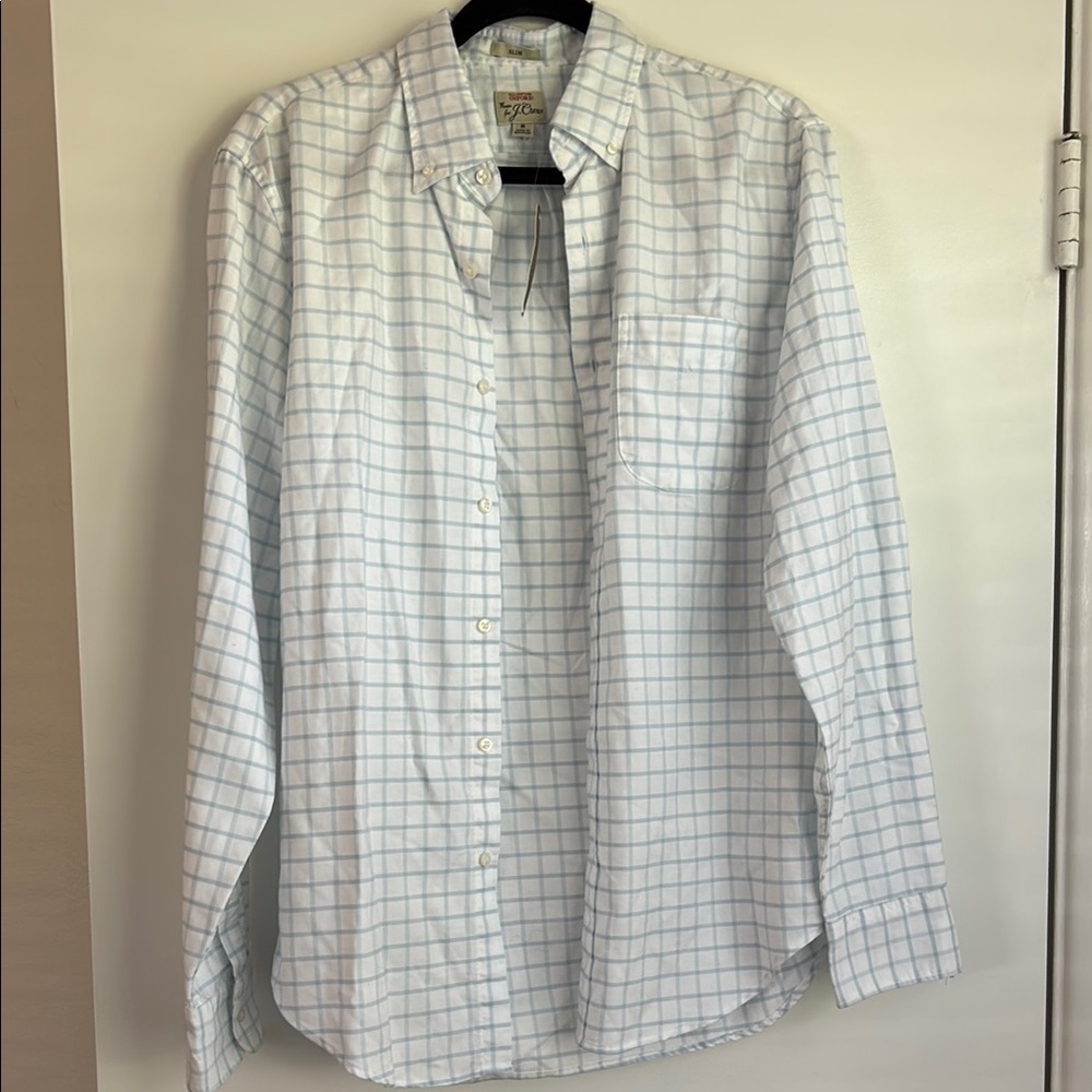 Men's White and Blue Checkered Shirt